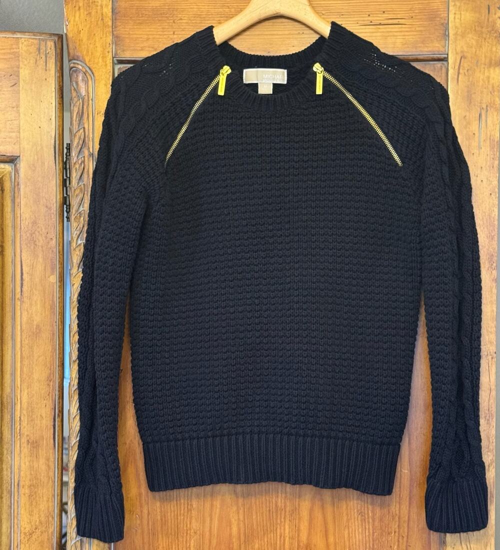 Michael Kors Black Mixed Cable Knit Gold Shoulder Zip Sweater Size Medium